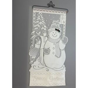 White Lace Snowman Seasons Greetings Christmas Card Holder‎ Wall Hanging Decor